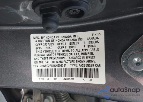 2016 Honda Civic Lx из США, поврежденный, VIN 2HGFC2F51GH509361